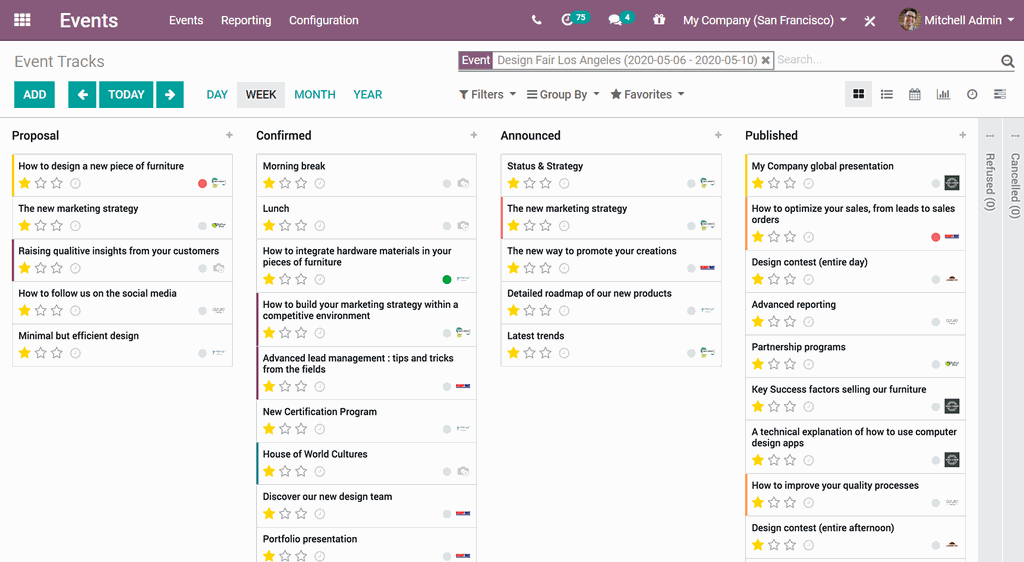 Odoo Sự kiện - Theo dõi sự kiện ở chế độ xem kanban