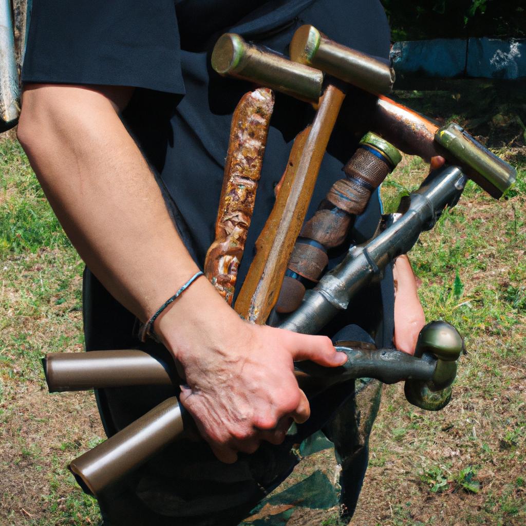 Person holding various military weapons